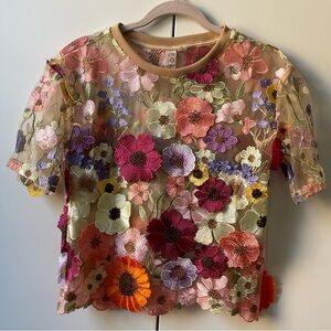 Anthropologie Dolan Left Coast Flower Appliqué Sheer Tee XXS Multi Floral Nude